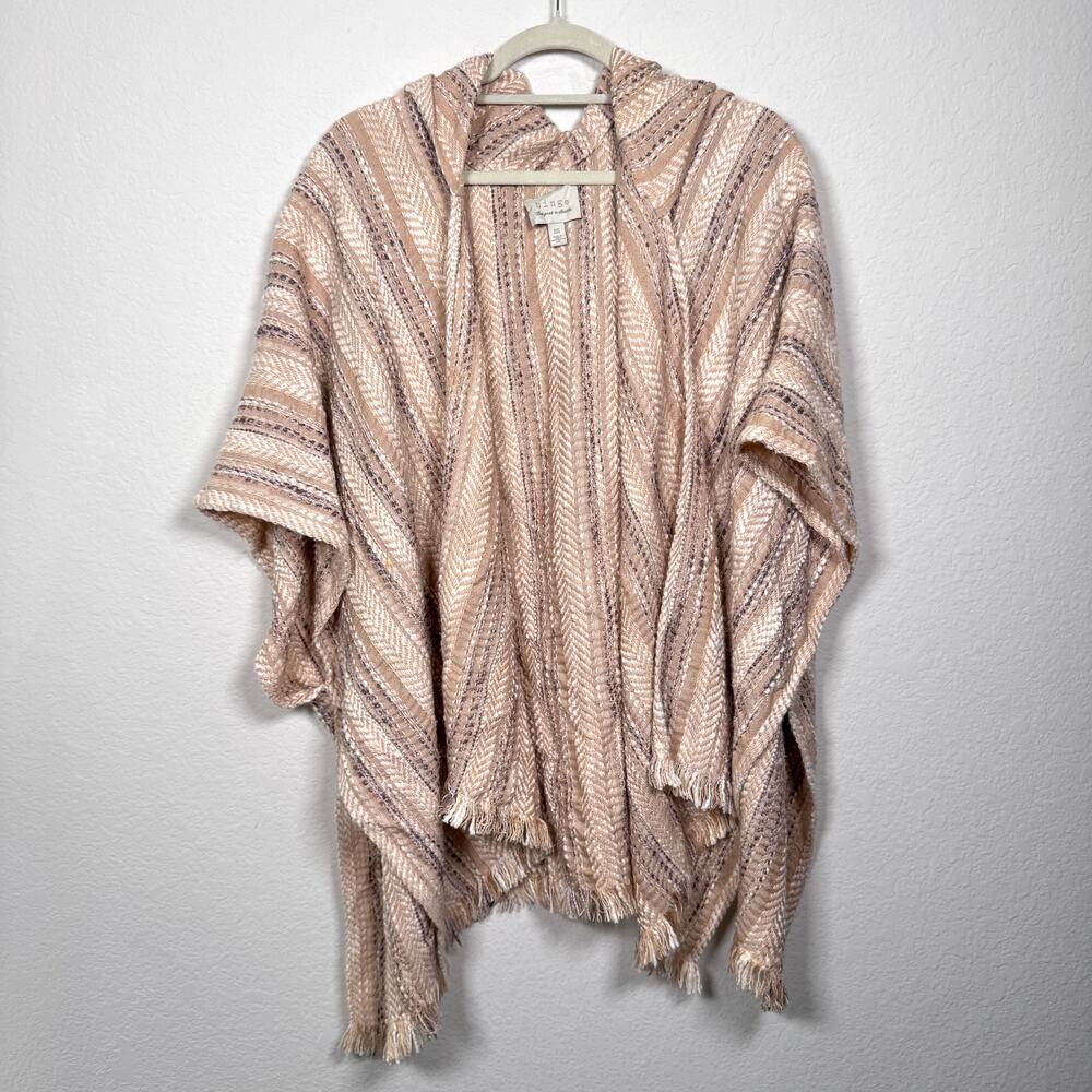 Hinge Womens Shawl Knit Cardign Sweater One Size Fringe Boho Neutral Tan